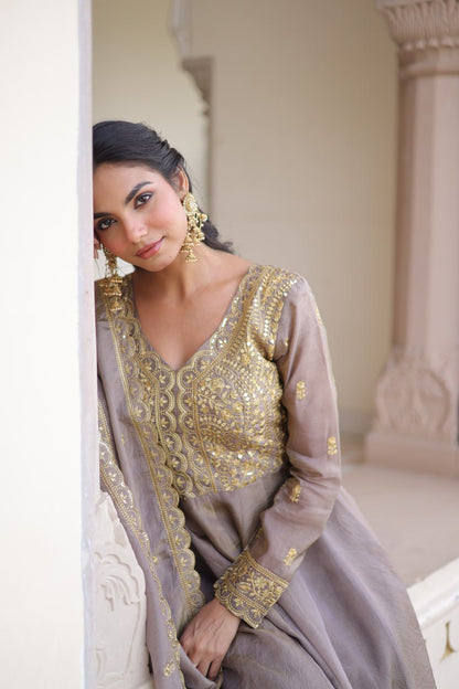 RangBhoomi Premium Ready-Made Gown and Dupatta Set with Elegant Gold Embroidery