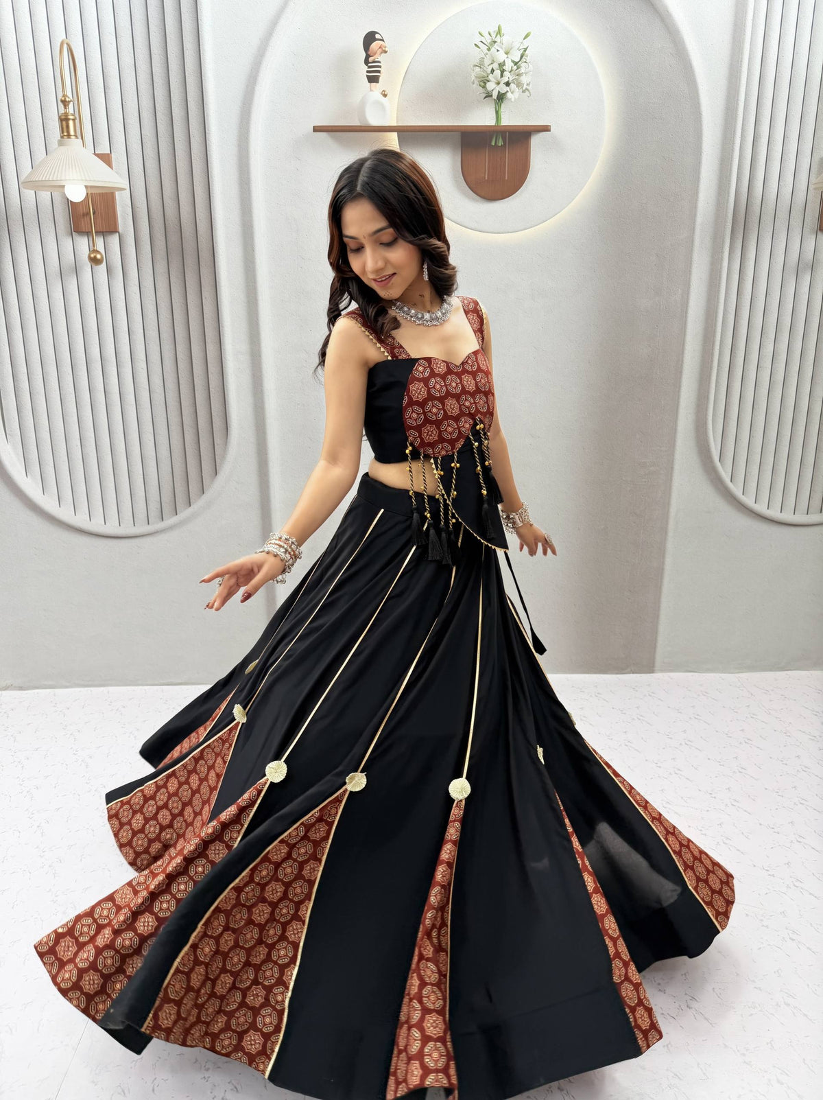 RangBhoomi Ajrak Pure Cotton Lehenga Choli – 6m Flair, Heavy Latkan & Ribbon Work (Fully Stitched)