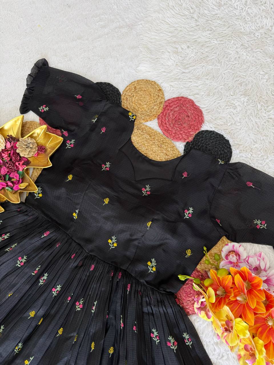 RangBhoomi Summer Floral Embroidered Kota Checks Midi Gown - Soft Kota, Micro Cotton Lining
