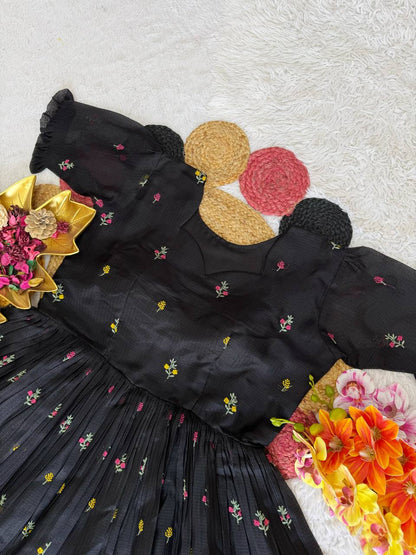 RangBhoomi Summer Floral Embroidered Kota Checks Midi Gown - Soft Kota, Micro Cotton Lining