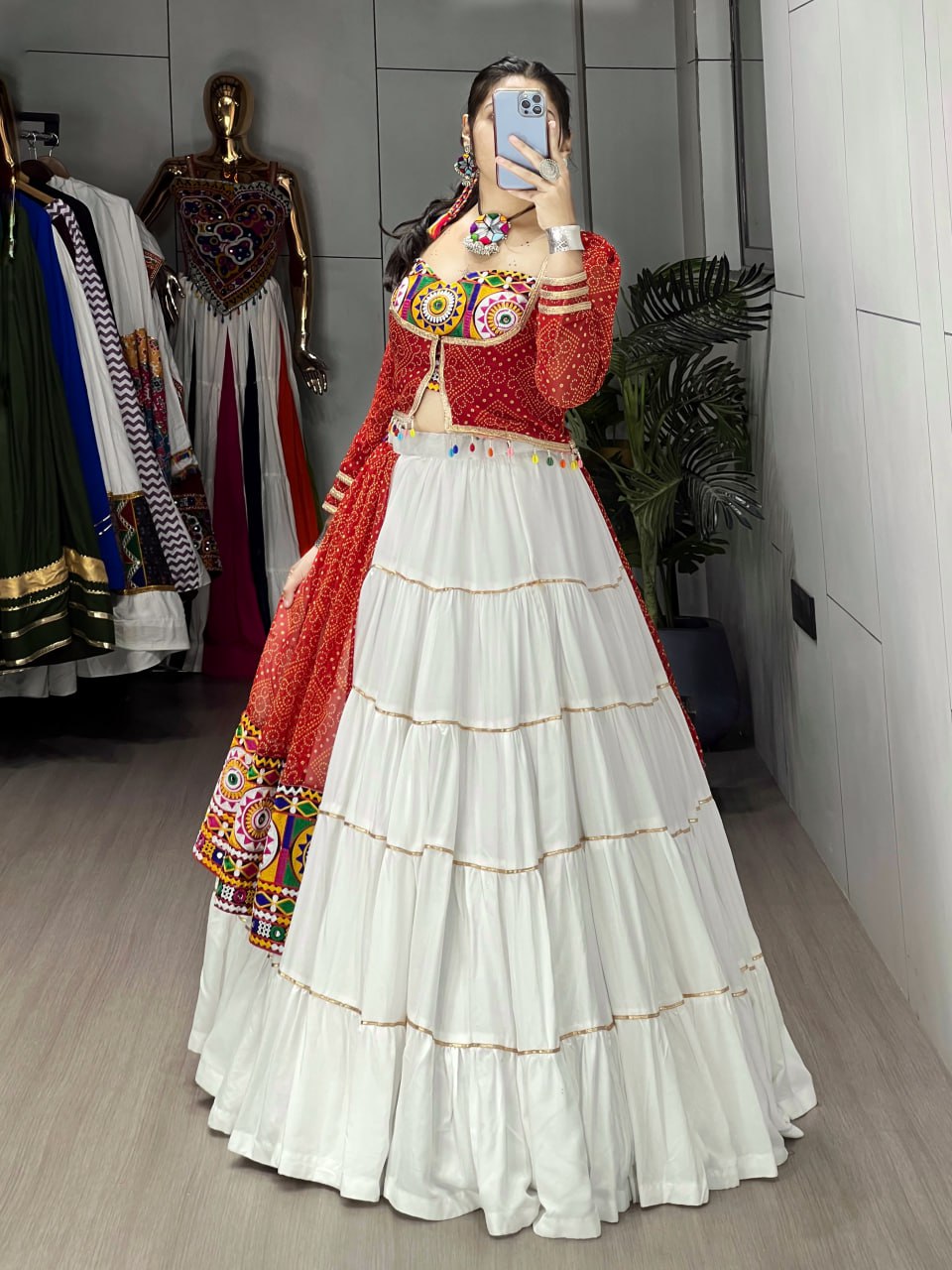 Festive Designer Chaniya Choli Set with Traditional Embroidered Koti and Mirror-Work Blouse for Weddings and Special Events