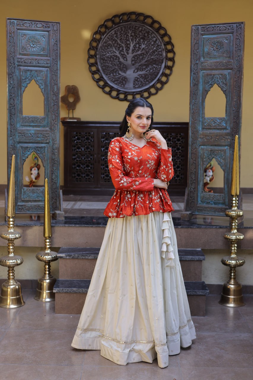 RangBhoomi Elegant Silk Embroidered Crop Top Set with Flared Lehenga and Sequined Detailing