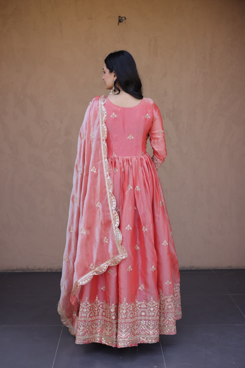 RangBhoomi Fendi Silk Sequined Gown with Dupatta – Elegant Full-Sleeve Designer Set