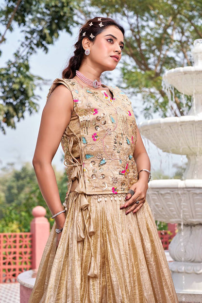 RangBhoomi Exquisite Wedding Lehenga Choli Set in Pure Gold Crush Fabric with Heavy Embroidery and Thread Work