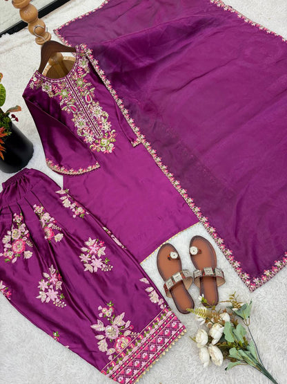RangBhoomi Women's Premium Ethnic French Crepe Ensemble with Embroidered Thread Work, Full Sleeve Top, Farshi Pant, and GMY Silk Dupatta