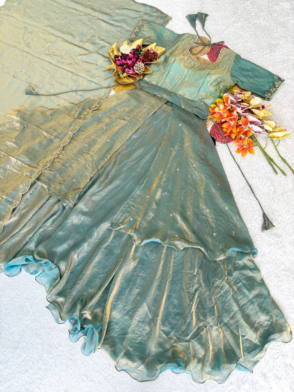RangBhoomi Heavy Space Silk Double-Frill Lehenga Choli Set — Sequined Embroidery, Ready-to-Ship Rakshabandhan Special