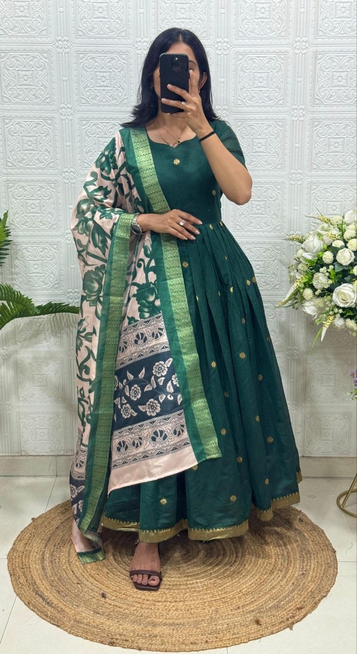 RangBhoomi Jacquard Zari Gown with Soft Silk Dupatta — 3 Colors, Sizes S–XXXL