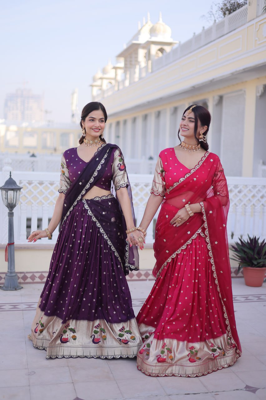 Elegant Three-Piece Traditional Lehenga Choli Set with Dupatta in Pink and Wine