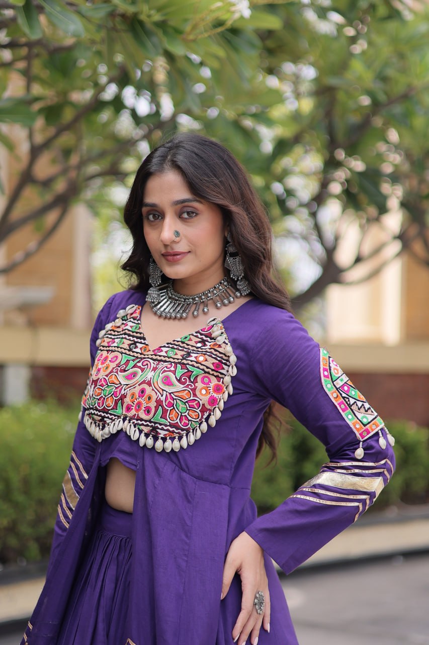 RangBhoomi Feather-Light Jacket Lehenga Set – Lotus Handwork, Long Jacket Ready-to-Wear