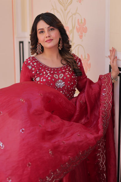 Elegant Gold Crush Embroidered Gown and Designer Dupatta Set