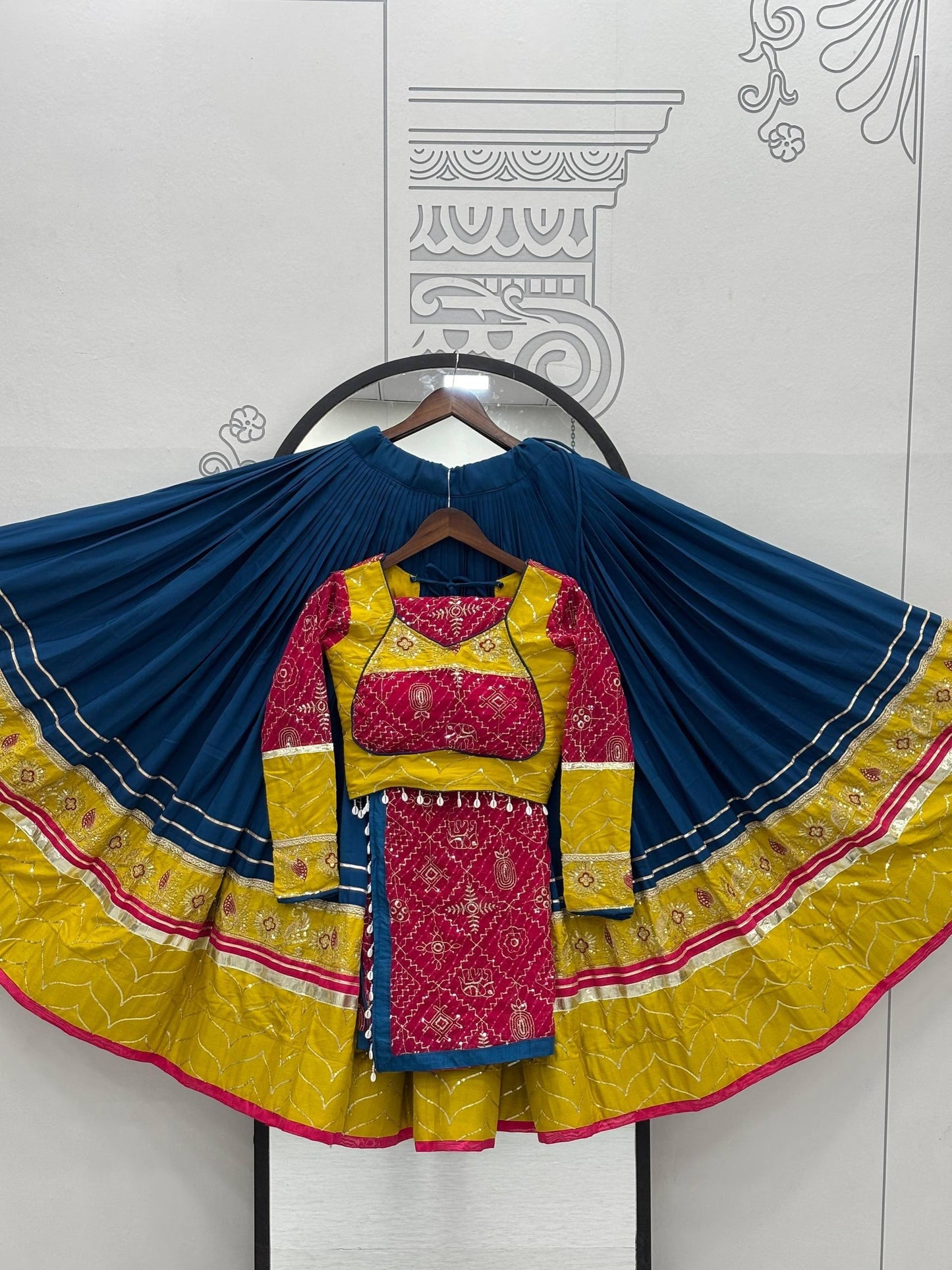 RangBhoomi Navratri Special Pure Cotton Embroidered Lehenga Choli with 6m Flair and Heavy Dupatta