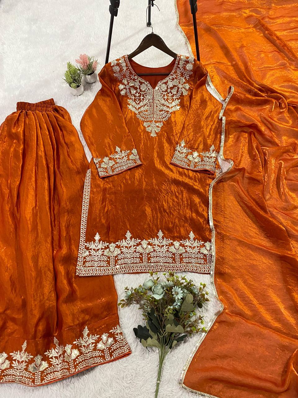 Elegant and Comfortable Wedding Season Suit Set with Sequined Embroidered Top, Palazzo Pants, and Lace-Trimmed Dupatta by RangBhoomi