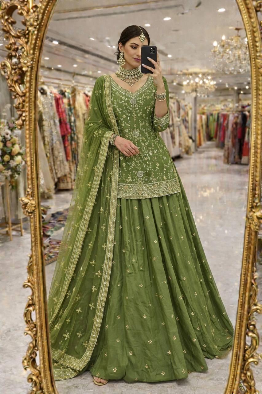 Exclusive Designer Party Wear Collection - Elegant Full-Stitched Shimmer Silk Lehenga Ensemble