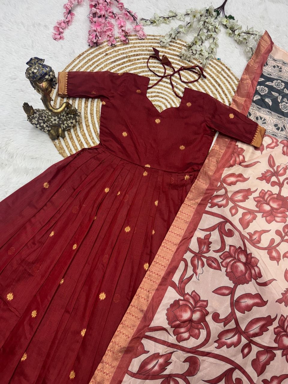 RangBhoomi Jacquard Zari Gown with Soft Silk Dupatta — 3 Colors, Sizes S–XXXL