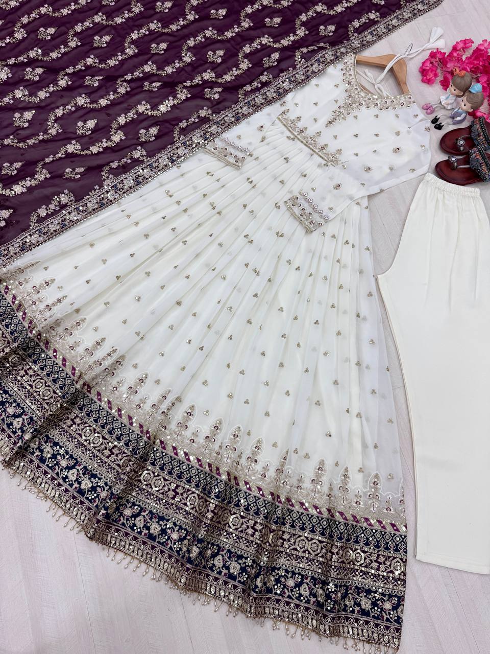Elegant Party Wear Heavy Faux Georgette Gown with Embroidered Dupatta and Bottom Set