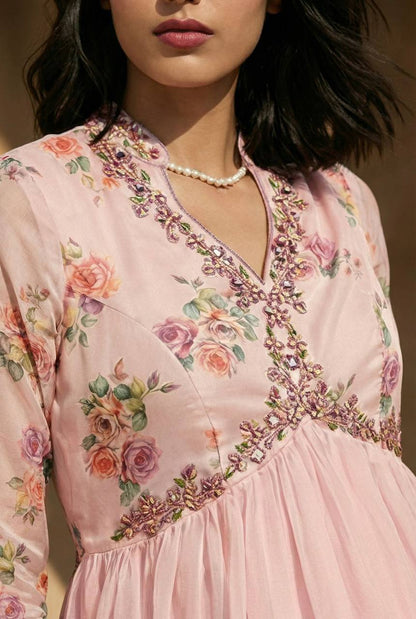 Baby Pink Tebby Silk Heavy Gown with Digital Print and Dupatta