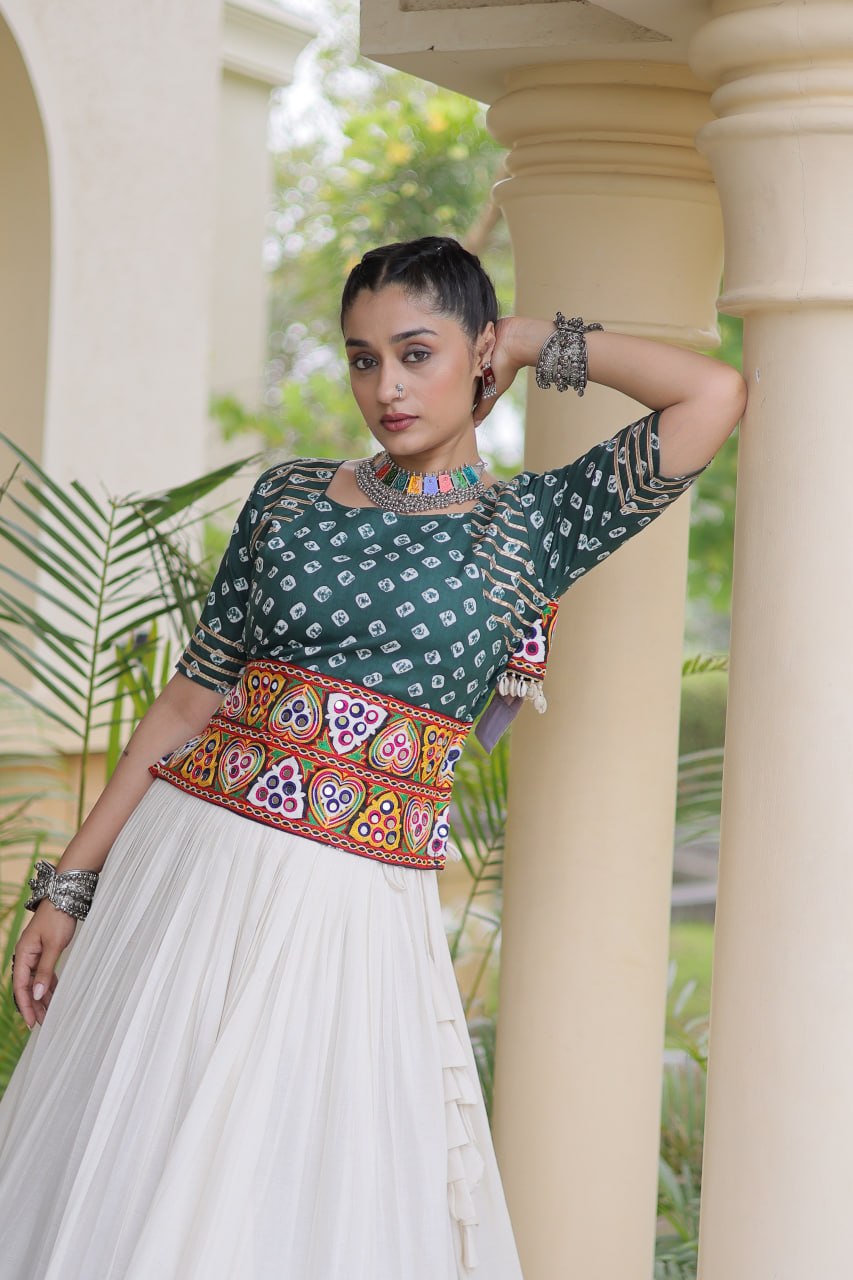 RangBhoomi Navratri Festive Lehenga Set - Cora Cotton & Bandhej Embroidered Blouse