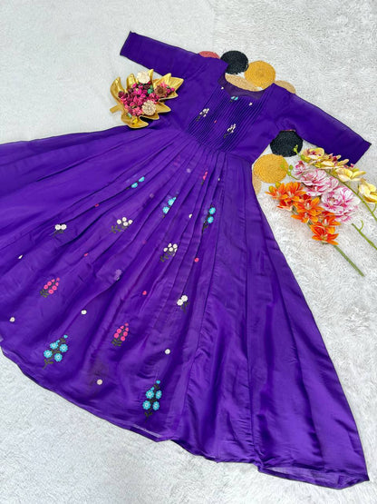 Embroidered Mull Cotton Festival Gown – Elegant Fully Stitched Celebration Wear