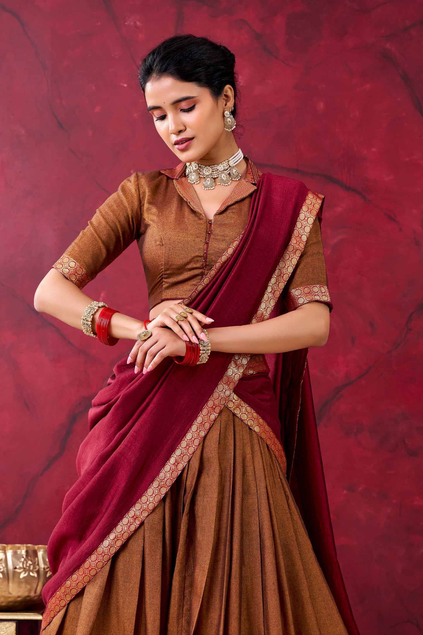 Elegant Narayanpet Cotton Lehenga Set with Zari Weaving Work – Includes Stitched Lehenga, Unstitched Blouse, Crepe Dupatta, Tassels, and Drawstring Belt