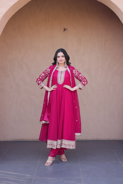 RangBhoomi Premium Readymade Gown Set with Pant & Dupatta - Faux Blooming Embroidered