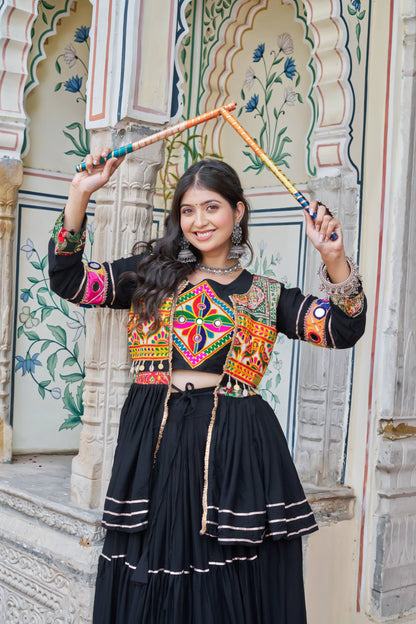 Navratri Special Gamthi Embroidery Lehenga Choli with Mirror and Ribbon Lace – Pure Cotton, Fully Stitched, 9 Meter Flair