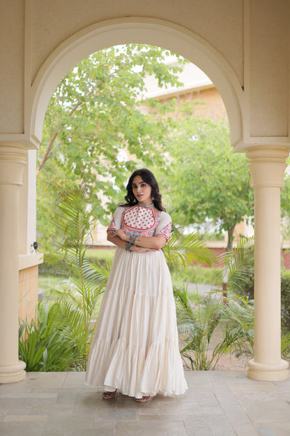 RangBhoomi Navratri Embroidered Kora Cotton Gown — 54" Festive Flair