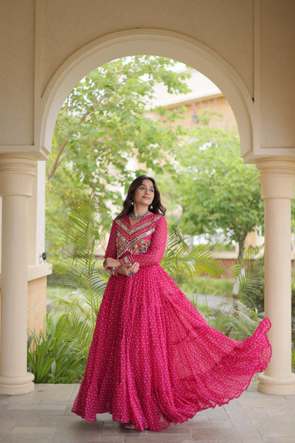 RangBhoomi Bandhani & Kutchi Patchwork Faux Georgette Gown — Navratri Special