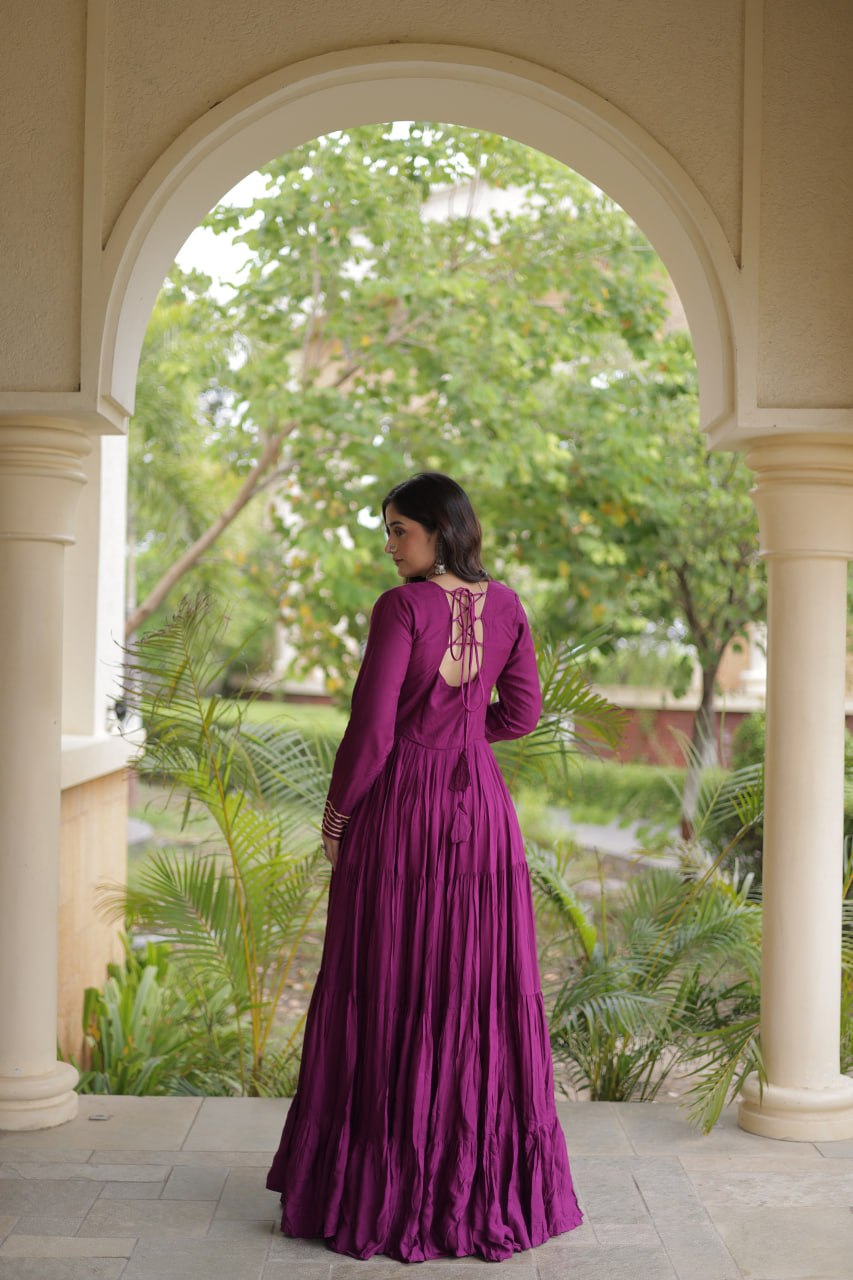 RangBhoomi Navratri Gown Collection 2026 — Wine, Rama & White Embroidered Mirror Work Gown