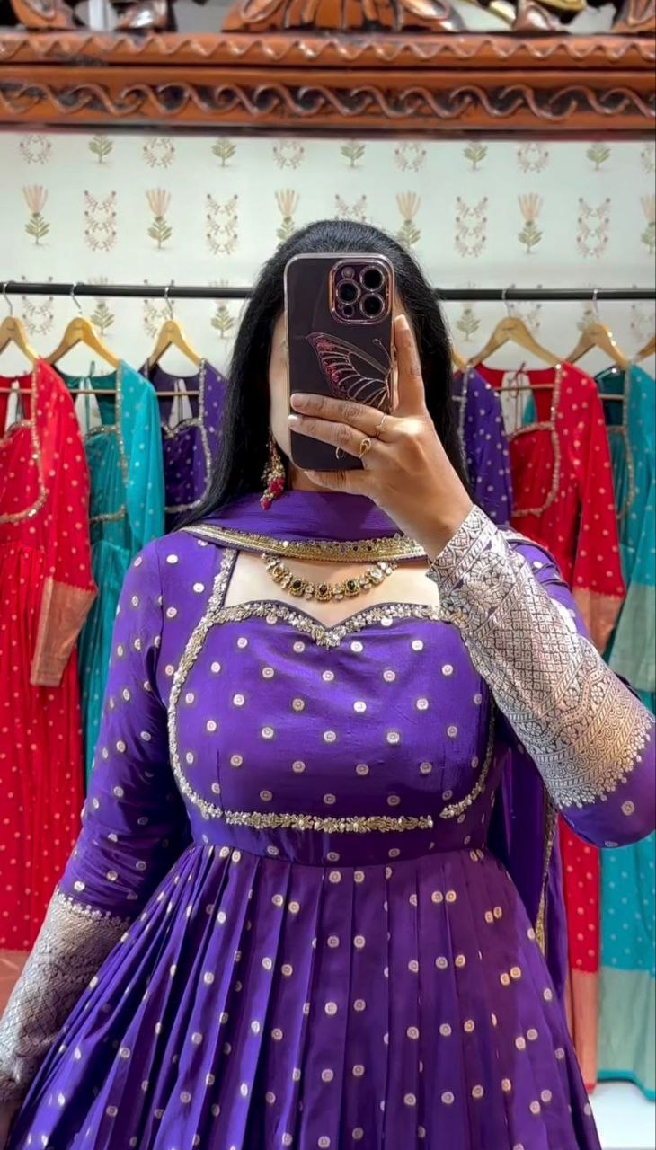 Elegant New Jacquard Gown with Fox Georgette Dupatta – Fully Stitched, Comfortable Fit
