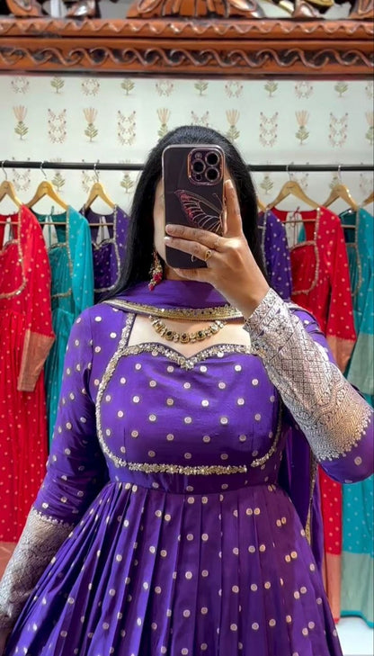 Elegant New Jacquard Gown with Fox Georgette Dupatta – Fully Stitched, Comfortable Fit