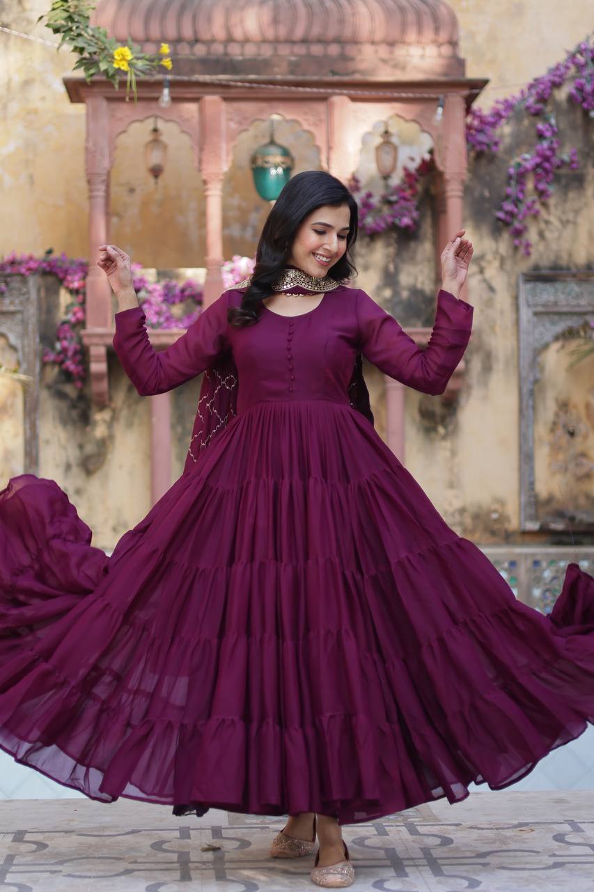 Flared Gown: Embroidered Dupatta - Shop Now!