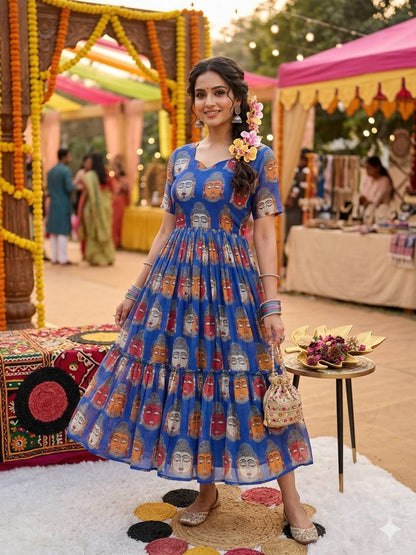 Elegant Summer Special Fully Stitched Kalamkari Midi Gown for Festive Glamour and Sophistication