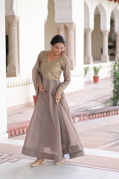RangBhoomi Premium Ready-Made Gown and Dupatta Set with Elegant Gold Embroidery