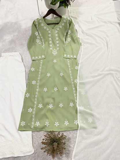 Elegant Summer Designer Chikankari Embroidered Rayon Top with Palazzo and Plain Georgette Dupatta Set