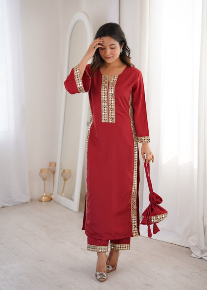 Ready-to-Wear Kurti and Pants Set with Decorative Mirror Work Purse