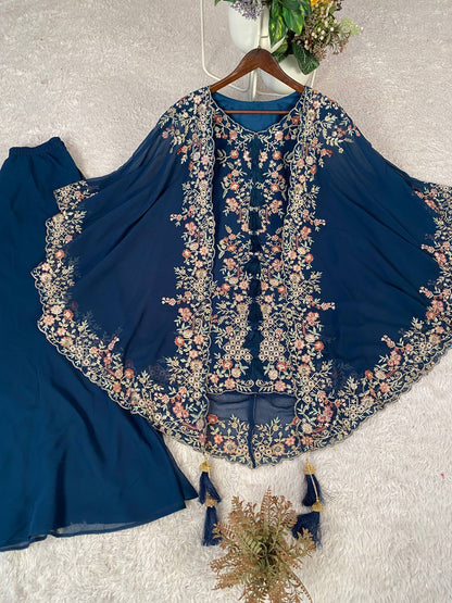 Elegant Designer Kurta and Palazzo Set with Sequined Embroidered Shrug in Luxurious Faux Georgette Fabric