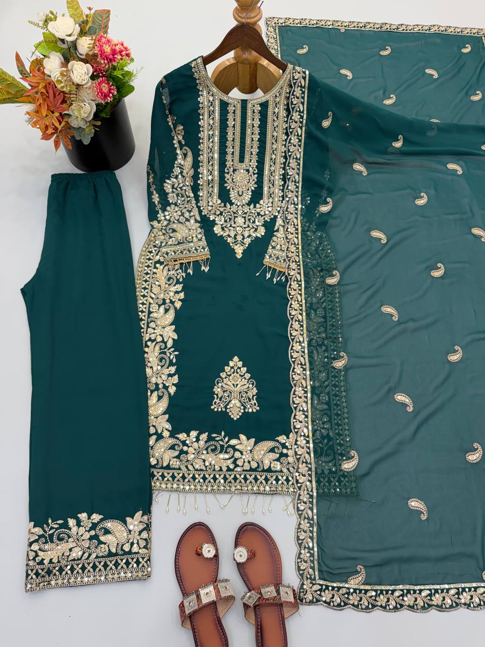 RangBhoomi Faux Georgette Heavy Embroidery Sequins Top-Bottom with Dupatta — Fully Stitched Set