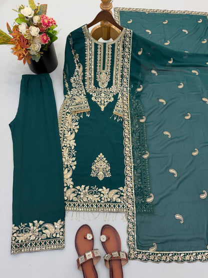 RangBhoomi Faux Georgette Heavy Embroidery Sequins Top-Bottom with Dupatta — Fully Stitched Set