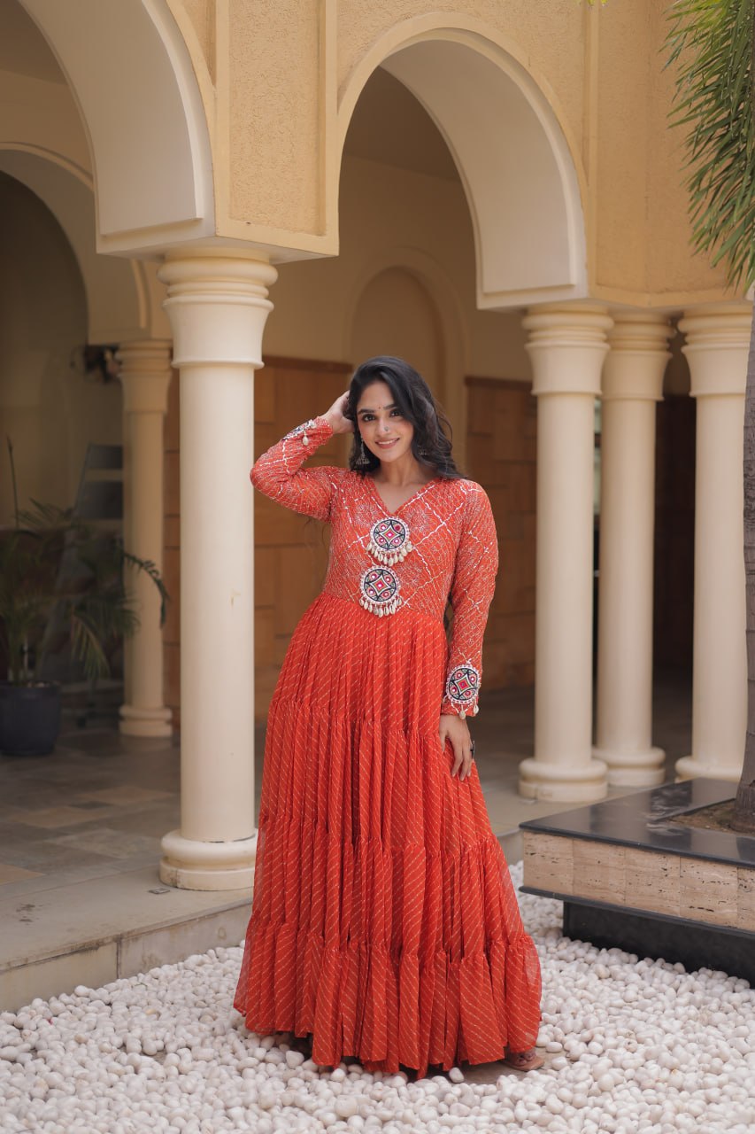 RangBhoomi Navratri Gown 2026 – Laheriya Print with Kutchi Patchwork, Faux Georgette Lined Cotton, Full Sleeve, 56 Inch Length