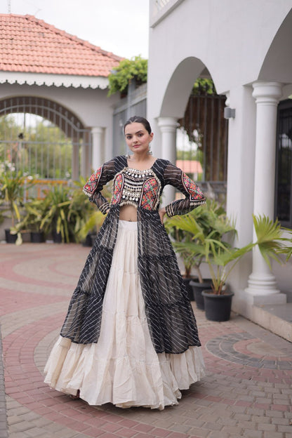RangBhoomi Kora Cotton Lehenga & Faux Georgette Kurti Set - Full-Stitched, Frilled Lehenga, Laheriya Print Kurti