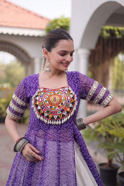 RangBhoomi Navratri 2026 Bandhani Lehenga Set — Full-Stitched Kora Cotton Lehenga with Faux Georgette Kurti