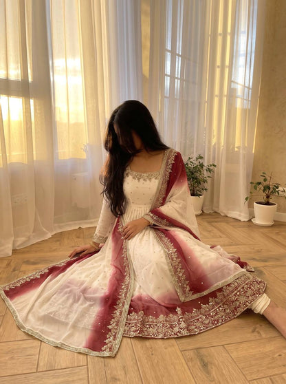 RangBhoomi Dual Tone Embroidered Georgette Anarkali Gown Set with Dupatta & Bottom
