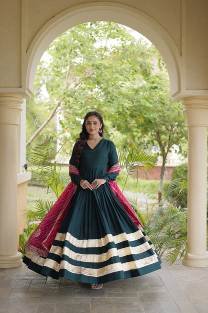 RangBhoomi Navratri Gown & Dupatta Collection 2026 – Full-Sleeve V-Neck Reyon Gown with Georgette Dupatta