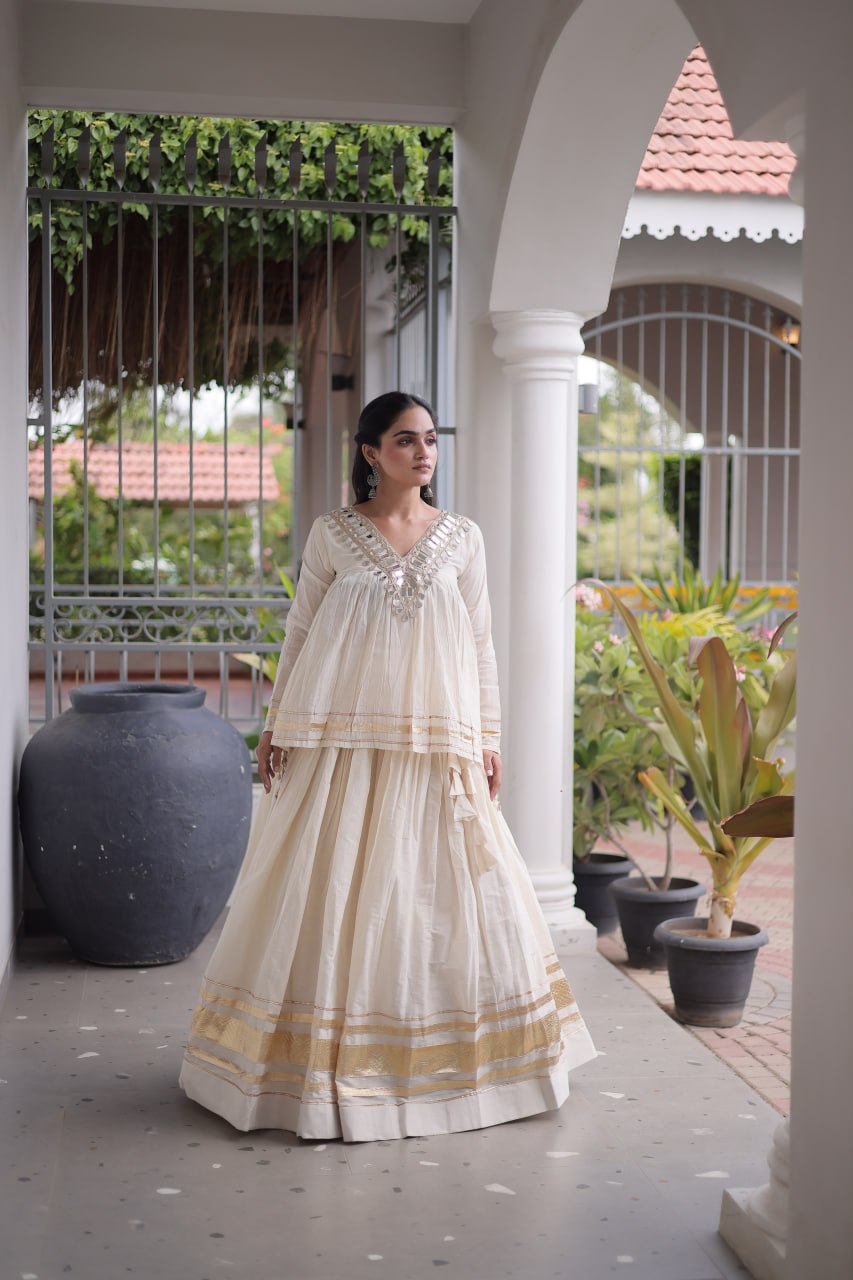 RangBhoomi Navratri Kora Cotton Full-Stitched Lehenga & Blouse Set with Mirror and Gota Work