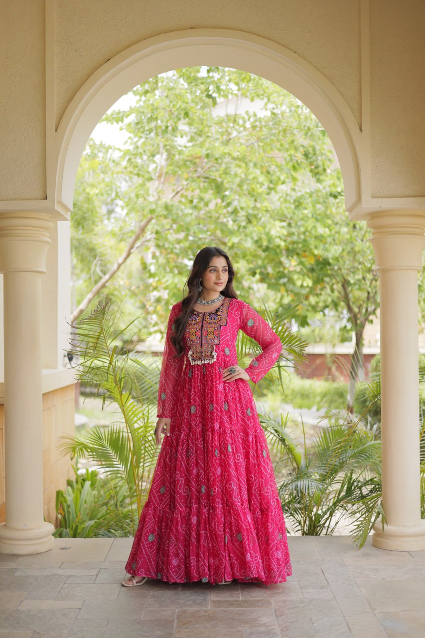 RangBhoomi Bandhani & Kutchi Patchwork Faux Georgette Gown — Festive Navratri Edition
