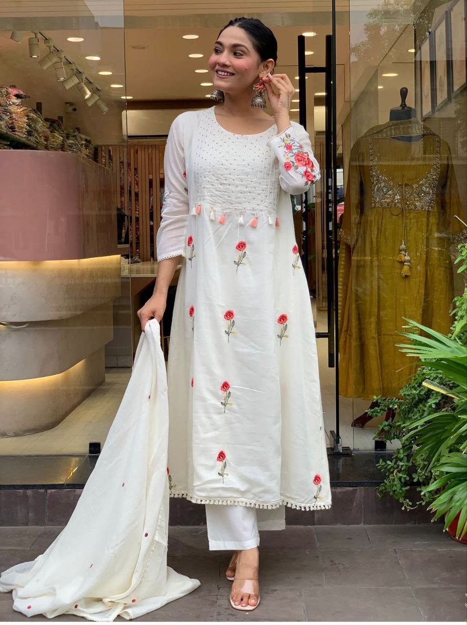 Elegant 3-Piece Festival Set in Premium Chanderi Silk with Gorgeous Embroidered Detailing and Matching Chanderi Dupatta