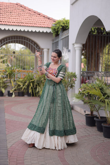 RangBhoomi Navratri 2026 Bandhani Lehenga Set — Full-Stitched Kora Cotton Lehenga with Faux Georgette Kurti