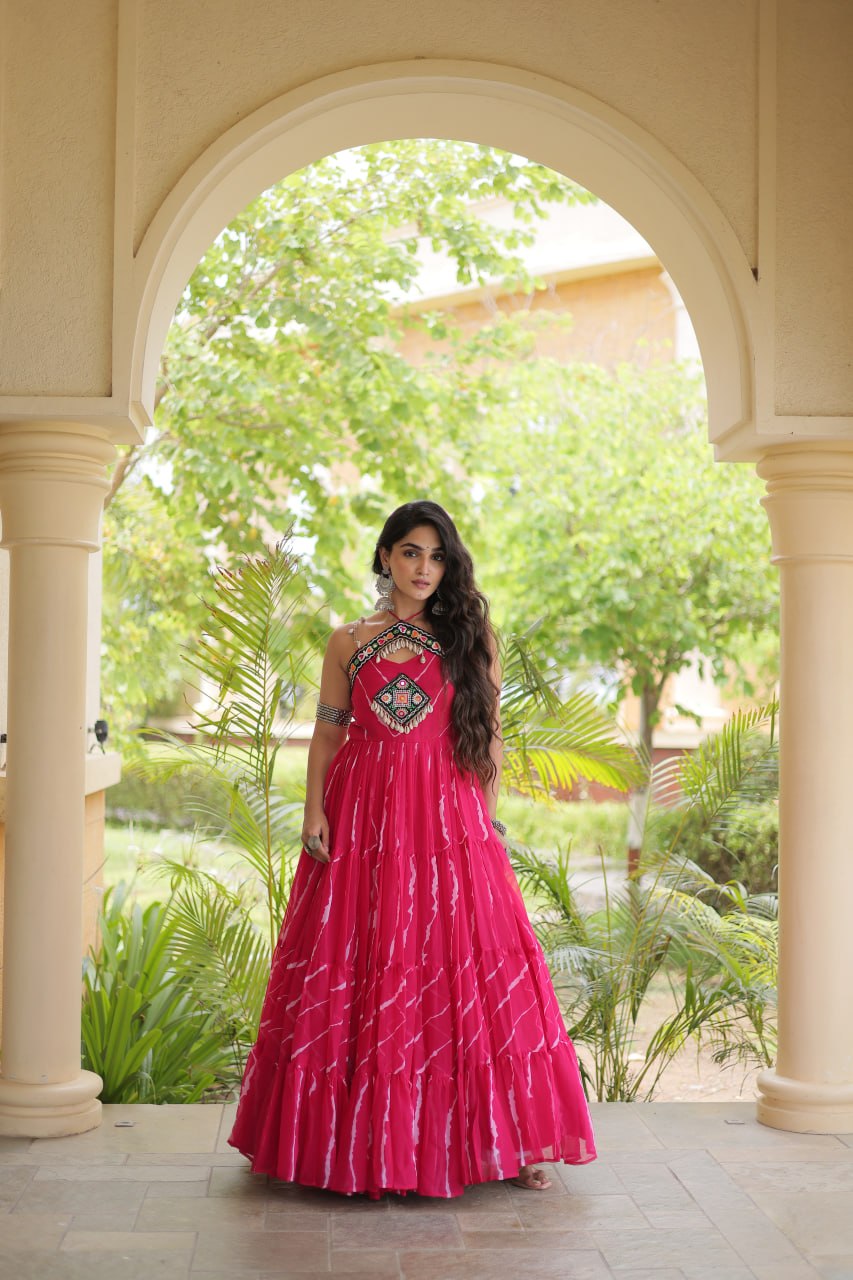 RangBhoomi Navratri Laheriya Patchwork Faux Georgette Gown - Sleeveless 56" Length, L (Adjustable 38-44)