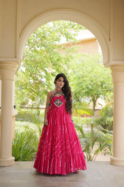 RangBhoomi Navratri Laheriya Patchwork Faux Georgette Gown - Sleeveless 56" Length, L (Adjustable 38-44)