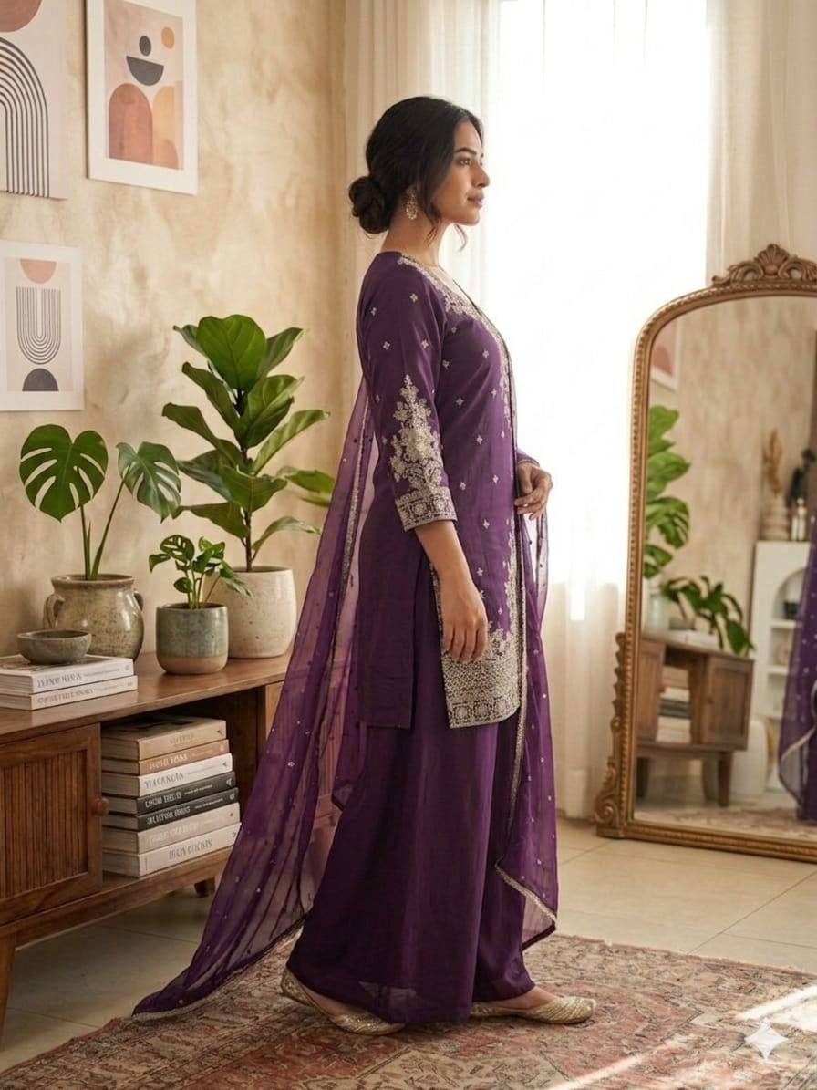 Luxury Fusion Style Designer Ensemble – Elegant Roman Silk Set with Embroidery, Sequins & Nazmeen Dupatta